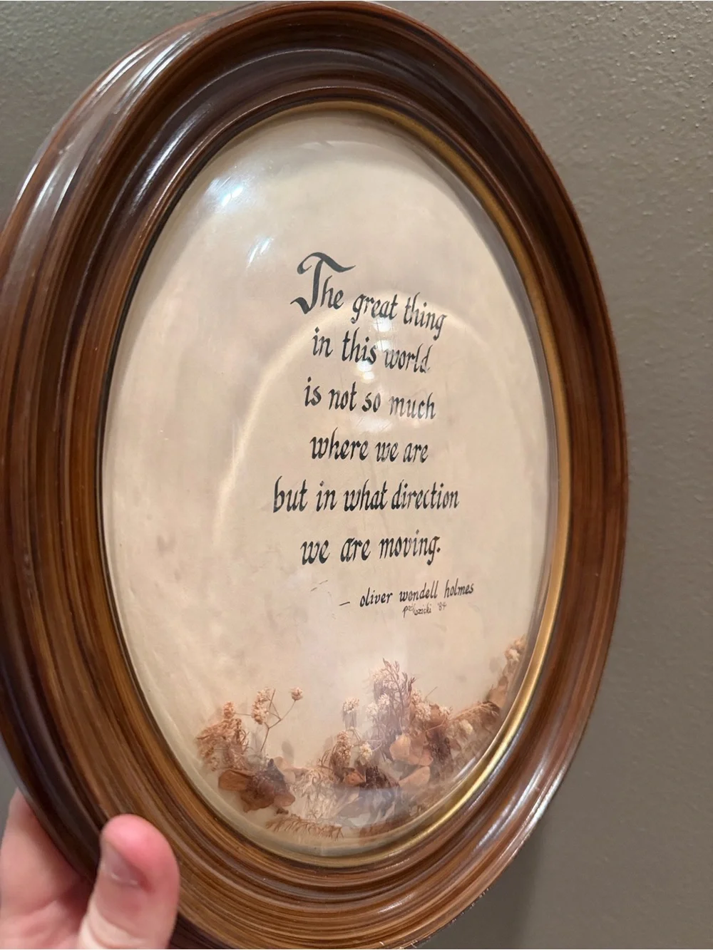 Vtg Framed Oval Quote Plaque with Dried Floral Accents